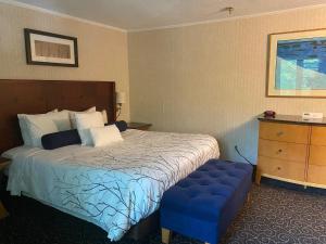 um quarto de hotel com uma cama e um banco azul em The Black Mountain Inn em Brattleboro