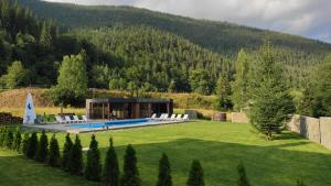 a house with a swimming pool in a grass field at Chalet Venterivka in Tatariv