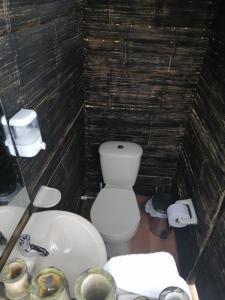 a bathroom with a white toilet and a sink at Alua Glamping in Pereira