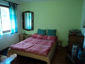 sypialnia z łóżkiem z różową kołdrą i lustrem w obiekcie Zeleni dom w mieście Nova Varoš
