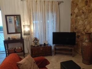a living room with a couch and a television at AlkyonaBeach Polimeris in Platanitis