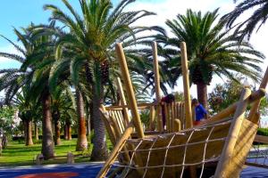 a wooden playground with palm trees in a park at Aurea Hotel in Tortoreto Lido