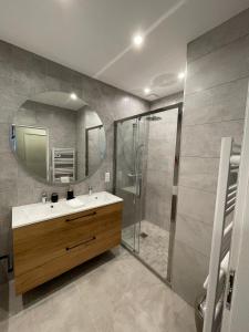 uma casa de banho com um lavatório e um chuveiro com um espelho. em 3 pièces neuf au pied des musées - Wifi & Parking em Grasse