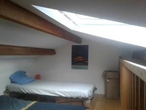 a attic room with a bed and a skylight at grand studio de plein-pied quartier calme proche centre in La Roche-sur-Yon