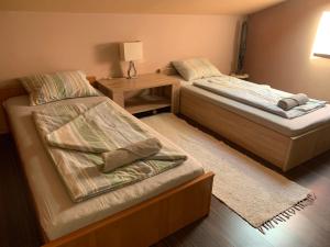 two beds in a room with a night stand and a bed sidx sidx sidx sidx at Pláza Home in Siófok