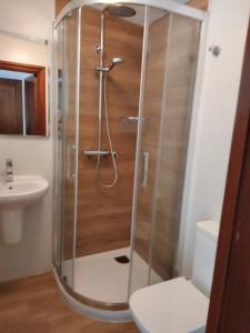 eine Dusche im Bad mit WC und Waschbecken in der Unterkunft A Casa de Lolita in Muros