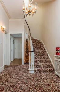 a staircase in a house with a christmas tree at Lammas Park House in Dawlish