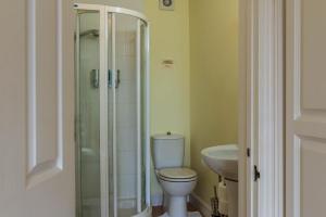 a bathroom with a shower and a toilet and a sink at Lammas Park House in Dawlish