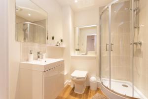 a bathroom with a toilet sink and a shower at Silver Moon, 2 bedrooms apartament in Southampton Central Free Parking in Southampton