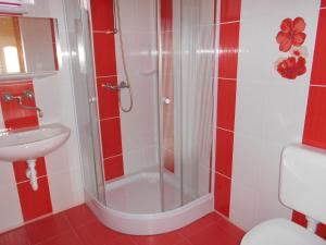 a bathroom with a shower and a toilet and a sink at Family Holiday Home in Hajdúszoboszló +21 photos