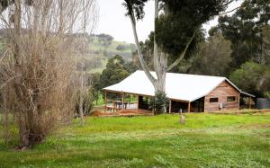 a wooden cabin with a white roof in a field at Idlewild Bridgetown in Bridgetown