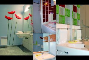 three pictures of a bathroom with red flowers on the wall at Arche Hotel in Vierzon