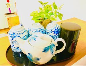 a group of blue and white vases on a tray at Nikko Dream House in Nikko