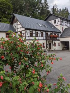 a building with a bunch of flowers in front of it at Viertel's Mühle in Bodenberg +5 photos