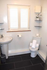 a bathroom with a toilet and a sink and a window at Kelpies Serviced Apartments- Jamieson in Stenhousemuir
