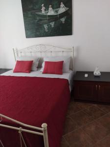 a bedroom with a bed with two red pillows at Casa Elda in Galatone