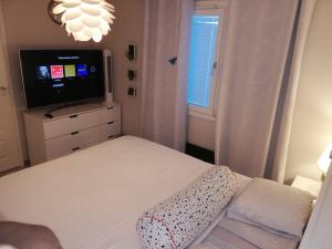 Scandinavian Sleeping & Living في توركو: غرفة نوم بسرير وتلفزيون بشاشة مسطحة
