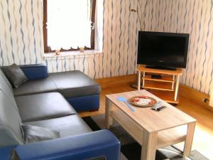 a living room with a couch and a tv at Ferienhaus Niessen in Nideggen