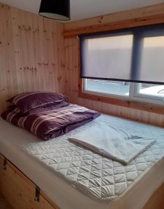 a bed in a wooden room with a window at Mablethorpe Chalet in Mablethorpe