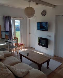 a living room with a couch and a table and a fireplace at Mablethorpe Chalet in Mablethorpe