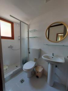 a bathroom with a toilet and a sink and a mirror at Beautiful house located on a hill with a spectacular sea view in Samos Island in Koumeika