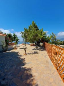 a pathway with a fence and trees on a beach at Beautiful house 800m from Koumeika, Samos in Koumeika