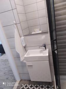a bathroom with a sink and a mirror at Cvita & Maja in Zadar