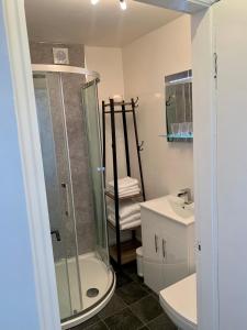 a bathroom with a shower and a toilet and a sink at Lighthouse View - Amazing sea and beach view - Free Sky TV including Sports and Movies - Fast WIFI - Free Private Parking in Scarborough