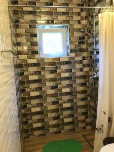 a bathroom with a tv on a brick wall at Guesthouse D&D in Ličko Petrovo Selo +46 photos