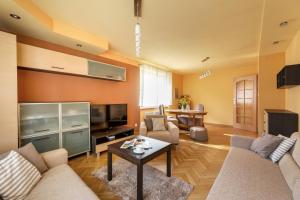 uma sala de estar com um sofá e uma mesa em Apartament przy Parku em Kudowa-Zdrój