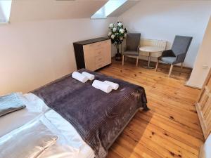 1 dormitorio con 1 cama grande y 2 toallas en Halny Natura Tour en Karpacz