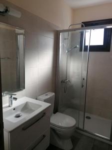 een badkamer met een toilet, een douche en een wastafel bij Pissouri Image in Pissouri