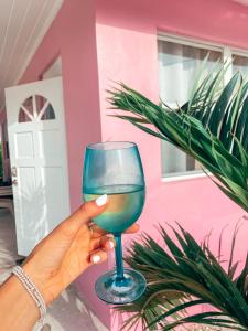 a person holding a wine glass in front of a pink house at Tropical View Villas in Hartswell +41 photos