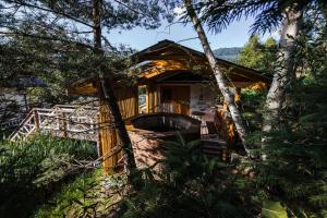drewniany domek w lesie z drzewami w obiekcie Gościniec Rajec w mieście Rajcza