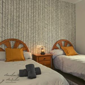 a bedroom with two beds and a wall with a pattern at Amelia y Aurelio, casa de peregrinos in Mellid