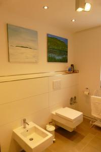 ein Badezimmer mit einer weißen Toilette und einem Waschbecken in der Unterkunft Katrin-Cara Mia Ferienwohnung in Trittenheim + 38 Fotos