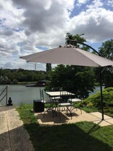 - une table de pique-nique et un parasol à côté d'un lac dans l'établissement Ambiance Seine - appartement 46m2 terrasse - Hortensia, à Thomery