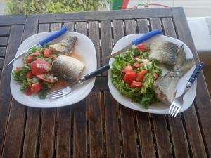 two plates of food with a salad and fish at Saranda Backpackers in Sarandë
