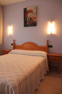 1 dormitorio con 1 cama con 2 luces en la pared en Hostal La Maravillosa, en Valderas