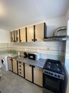 una cucina con piano cottura, lavello e forno a microonde di Apartament Livia a Jurilovca