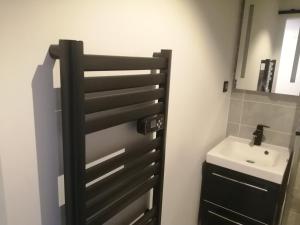 ein Bad mit einer schwarzen Tür neben einem Waschbecken in der Unterkunft Thorigny-sur-Marne Studio chez Camille in Thorigny-sur-Marne