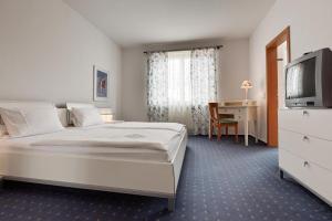 a bedroom with a bed and a tv and a desk at Hotel Villa Martino - zum Hirsch in Bad Säckingen