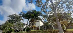a house with palm trees in front of it at Chalés AABB Valença RJ in Valença