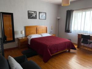 a bedroom with a large bed with a red blanket at Cozy Private Room in Mexico City