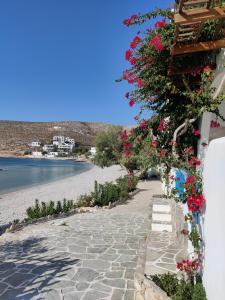 a building with flowers on the side of a beach at Family house by the seaside of Karavostasis in Karavostasi