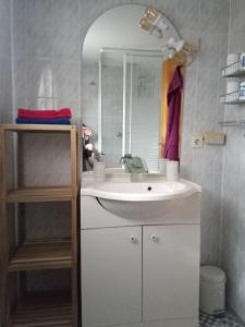 a bathroom with a white sink and a mirror at Ferienhaus Kranichhorst - Exklusiv-Nutzung mit großem Garten und Strandnähe in Bodstedt
