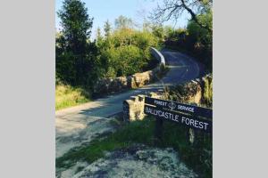 a sign on the side of a winding road at The Forest Chalet - Stunning Studio Apartment in Ballycastle