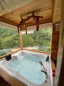 a bath tub with a view of a mountain at panoramabungalov in Çamlıhemşin