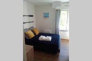 a bedroom with a blue bed and a window at Appartement 35 m2 , climatisé, à 400m des plages in Saint-Mandrier-sur-Mer