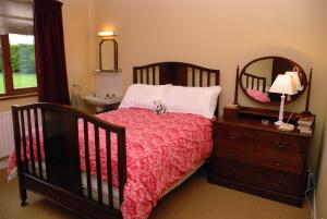 Dormitorio con cama con espejo y tocador en Cradog Farmhouse B&B, en Urlingford